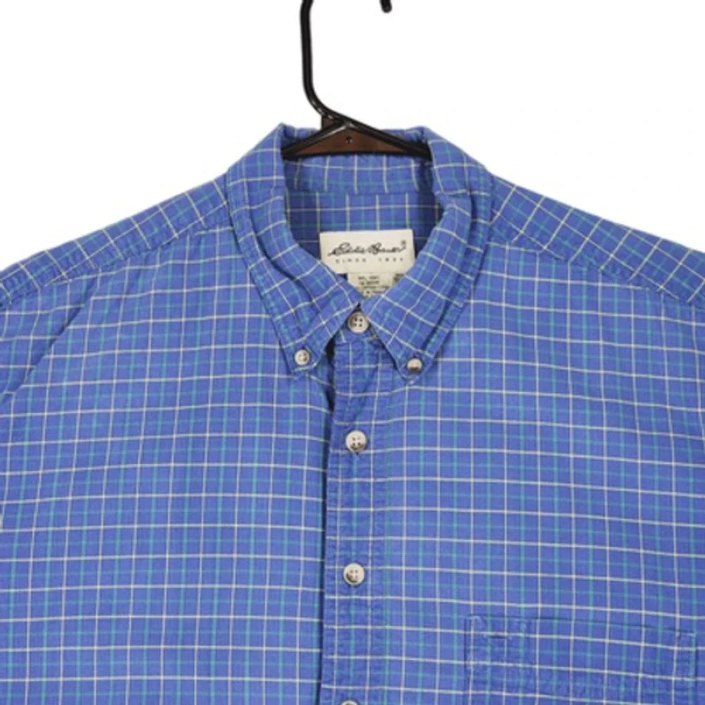 Eddie Bauer XL Mens Button Down Shirt Plaid Blue Green Yellow 100%‎ Cotton